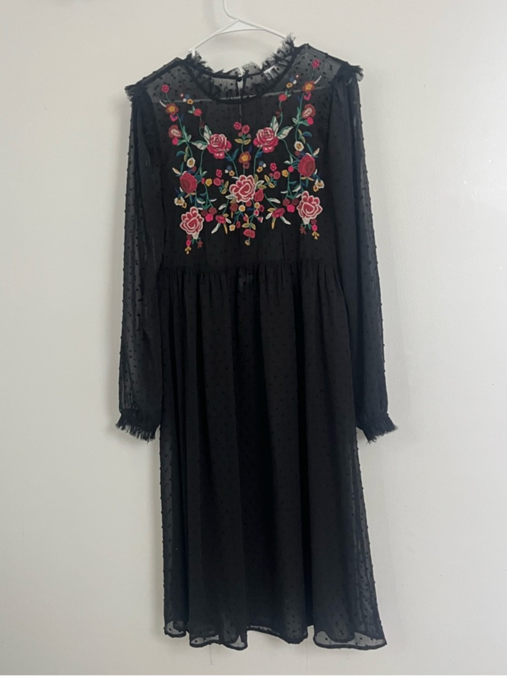Black Floral Embroidered Long-Sleeve Midi Dress